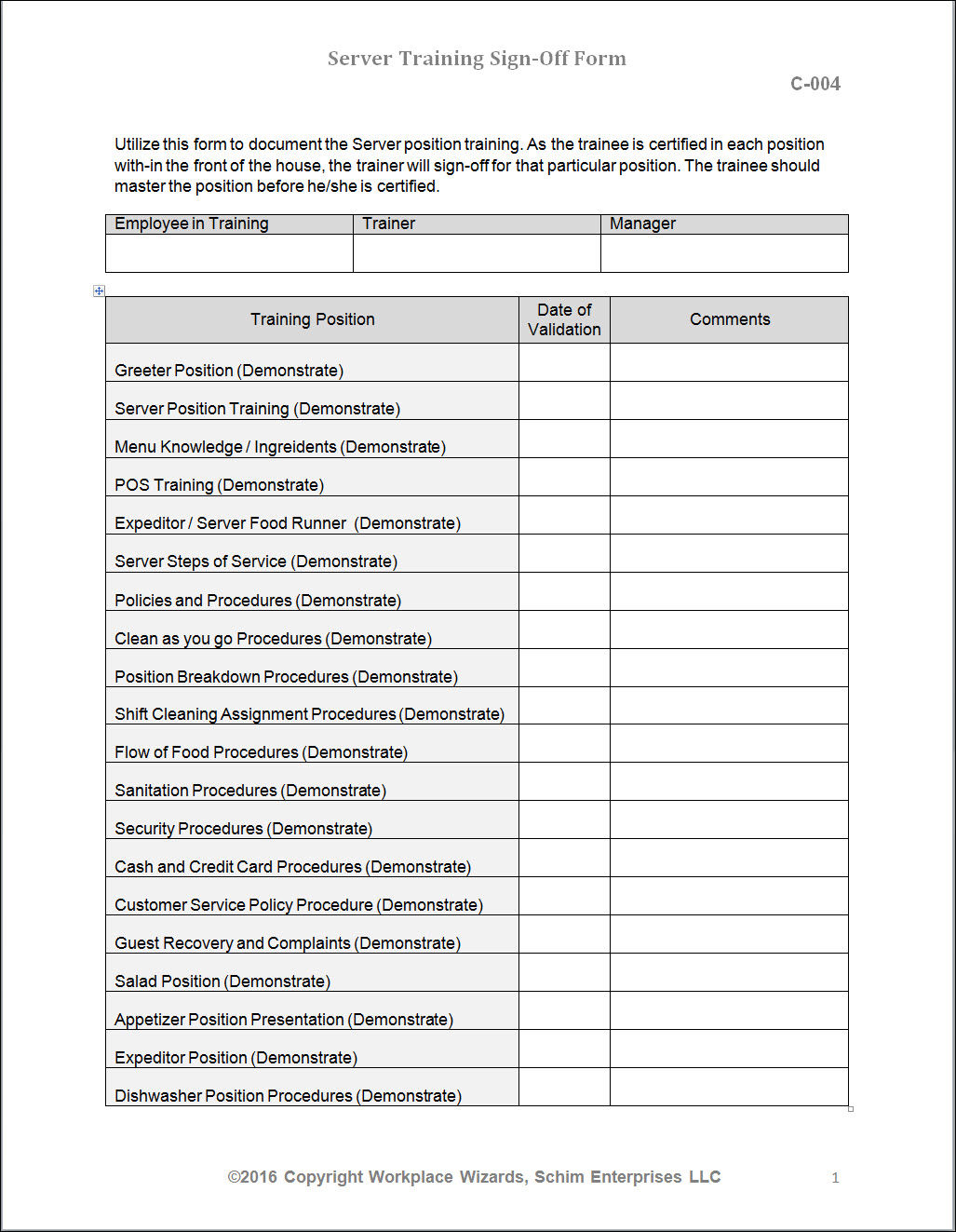 Printable Server Side Work Checklist Printable Templates
